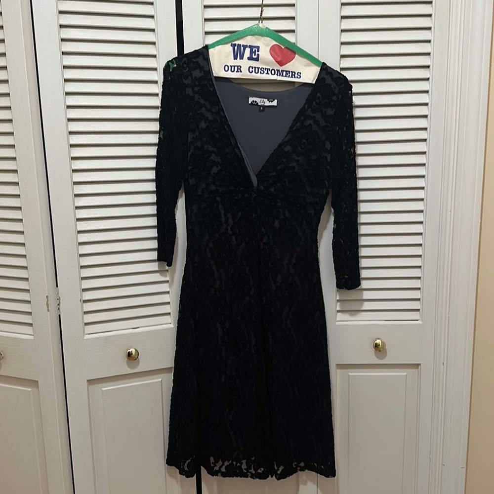 Lily S black lace w/ grey underlined cocktail dress, midi length, 3/4 sleeves.